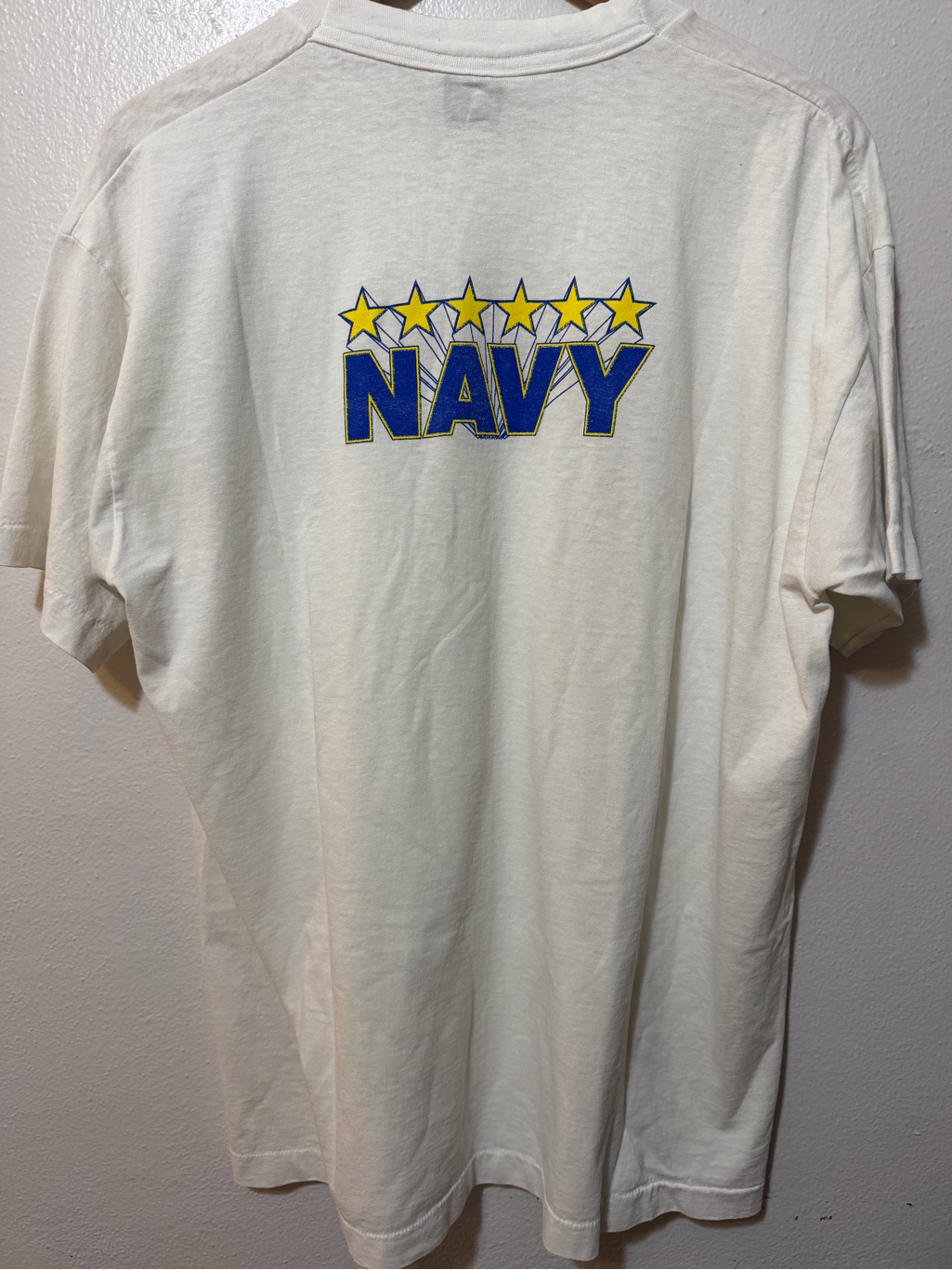 Vintage Navy Fruit Of The Loom 50/50 White Crew Neck Shirt L Made In The Usa